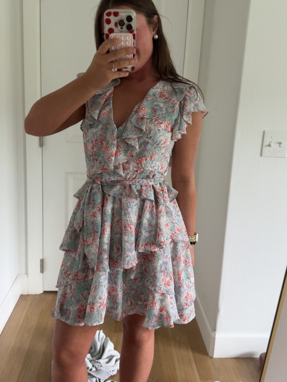 Fate Light Blue & Coral Floral Ruffle Mini Dress